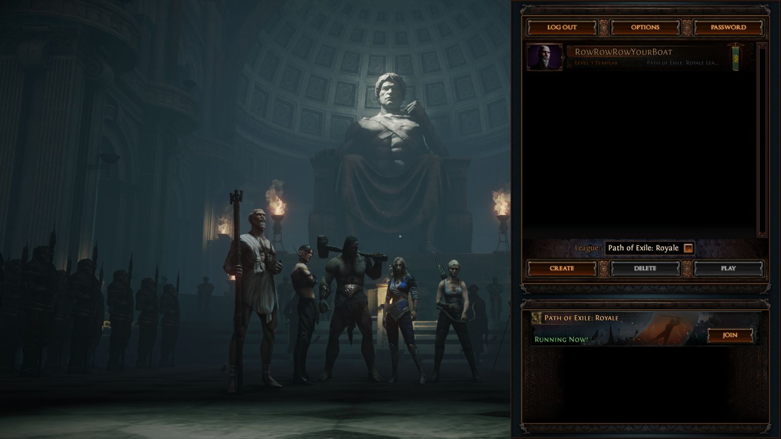 Path of Exile Royale Completed Guide Character Select Screen